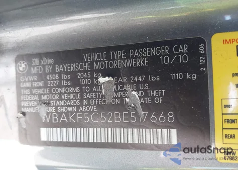 2011 BMW 328I xDrive из США, поврежденный, VIN WBAKF5C52BE517668